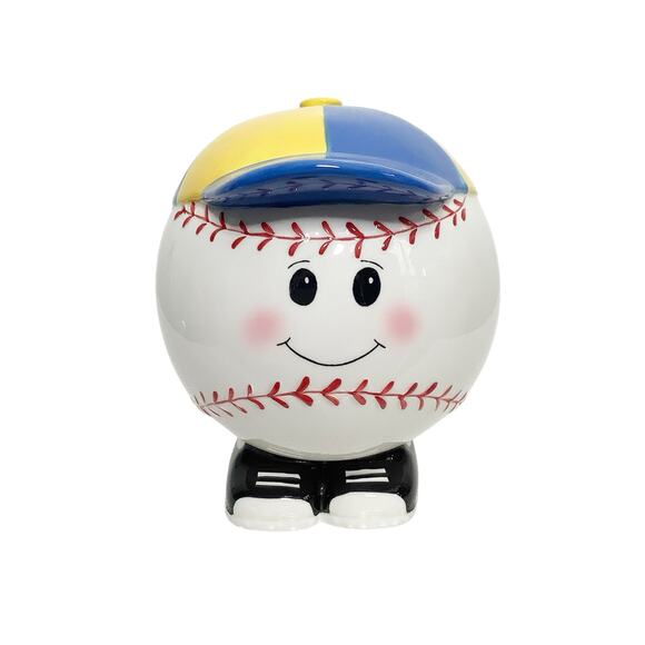 Baseball Ceramic Coin Bank Happy Face Yellow Blue Cap Hat Rubber Stopper - Picture 1 of 8